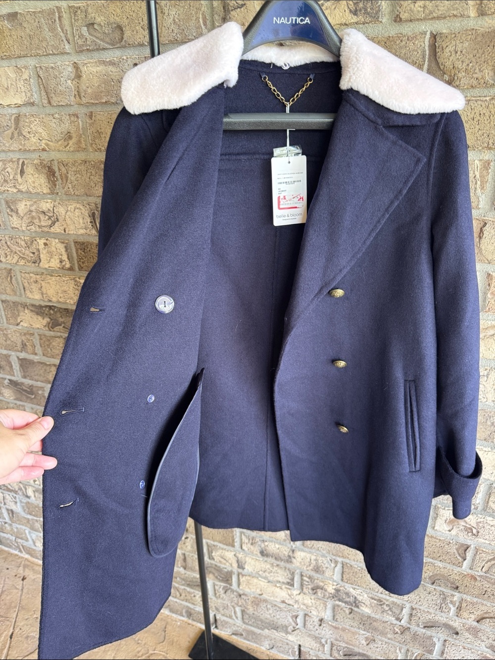 Belle & Bloom Liberty Sherpa Collar Wool Blend Coat L NWT Navy Peacoat - Picture 10 of 11